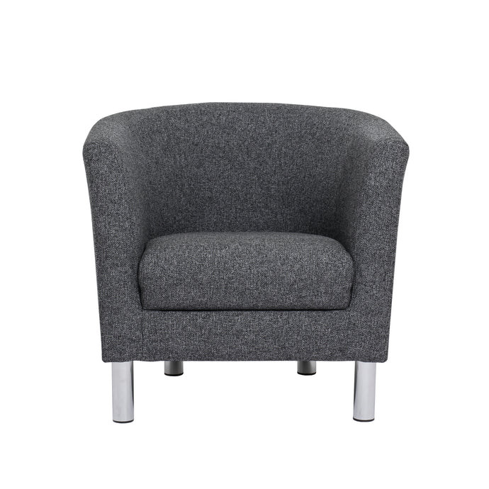 Cleveland Armchair in Nova Anthracite Furniture To Go 60110116 763250345306 Armchair in Nova Anthracite. Simply stylish with sleek lines and cool chrome feet, this armchair is the perfect fit to create a cosy spot in any room. The eye-catching sofa range offers a generous modern design while being irresistible comfortable. Available in Nova Anthracite or Nova Light Grey. Dimensions: 720mm x 720mm x 680mm (Height x Width x Depth) 
 Frame: Solid pinewood, plywood and pre-covered chipboard 
 Foam characteristi