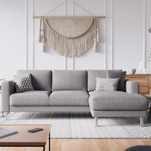 Load image into Gallery viewer, Cleveland Chaiselongue Sofa (RH) in Nova Light Grey Furniture To Go 60140107 763250345344 Chaiselongue Sofa (RH) in Nova Light Grey. Simply stylish with sleek lines and cool chrome feet, this chaiselongue sofa is the perfect fit to create a cosy spot in any room. The eye-catching sofa range offers a generous modern design while being irresistible comfortable. Available in Nova Anthracite or Nova Light Grey. Dimensions: 810mm x 2340mm x 1430mm (Height x Width x Depth) 
 Frame: Solid pinewood, plywood and pre