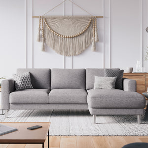 Cleveland Chaiselongue Sofa (RH) in Nova Light Grey Furniture To Go 60140107 763250345344 Chaiselongue Sofa (RH) in Nova Light Grey. Simply stylish with sleek lines and cool chrome feet, this chaiselongue sofa is the perfect fit to create a cosy spot in any room. The eye-catching sofa range offers a generous modern design while being irresistible comfortable. Available in Nova Anthracite or Nova Light Grey. Dimensions: 810mm x 2340mm x 1430mm (Height x Width x Depth) 
 Frame: Solid pinewood, plywood and pre