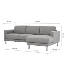 Load image into Gallery viewer, Cleveland Chaiselongue Sofa (RH) in Nova Light Grey Furniture To Go 60140107 763250345344 Chaiselongue Sofa (RH) in Nova Light Grey. Simply stylish with sleek lines and cool chrome feet, this chaiselongue sofa is the perfect fit to create a cosy spot in any room. The eye-catching sofa range offers a generous modern design while being irresistible comfortable. Available in Nova Anthracite or Nova Light Grey. Dimensions: 810mm x 2340mm x 1430mm (Height x Width x Depth) 
 Frame: Solid pinewood, plywood and pre