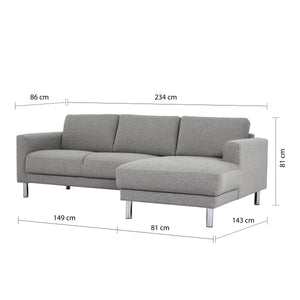 Cleveland Chaiselongue Sofa (RH) in Nova Light Grey Furniture To Go 60140107 763250345344 Chaiselongue Sofa (RH) in Nova Light Grey. Simply stylish with sleek lines and cool chrome feet, this chaiselongue sofa is the perfect fit to create a cosy spot in any room. The eye-catching sofa range offers a generous modern design while being irresistible comfortable. Available in Nova Anthracite or Nova Light Grey. Dimensions: 810mm x 2340mm x 1430mm (Height x Width x Depth) 
 Frame: Solid pinewood, plywood and pre