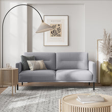 Load image into Gallery viewer, Larvik 2.5 Seater Sofa - Grey, Black Legs Furniture To Go 60320381 5060653081134 2.5 Seater Sofa in Soul Grey with black legs. A modern inspired design, kept sleek and angular with slim legs. Comfort has not been sacrificed for design, with its comfy back cushions and wide armrests. All together the perfect and stylish place to spend your evenings.  Dimensions: 790mm x 1750mm x 860mm (Height x Width x Depth) 
 Frame: Solid pinewood, plywood and pre-covered chipboard 
 Seat foam: 30 kg/120 Newtons, FR treate