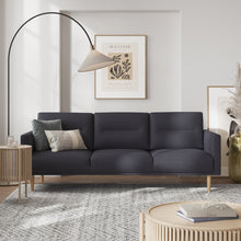 Load image into Gallery viewer, Larvik 3 Seater Sofa - Anthracite, Oak Legs Furniture To Go 6033038047 5060653081332 3 Seater Sofa in Soul Anthracite with oak legs. A modern inspired design, kept sleek and angular with slim legs. Comfort has not been sacrificed for design, with its comfy back cushions and wide armrests. All together the perfect and stylish place to spend your evenings.  Dimensions: 790mm x 2100mm x 860mm (Height x Width x Depth) 
 Frame: Solid pinewood, plywood and pre-covered chipboard 
 Seat foam: 30 kg/120 Newtons, FR 