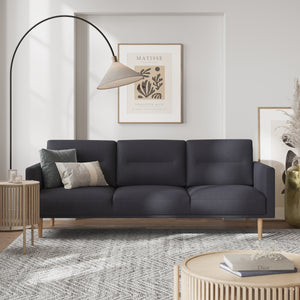 Larvik 3 Seater Sofa - Anthracite, Oak Legs Furniture To Go 6033038047 5060653081332 3 Seater Sofa in Soul Anthracite with oak legs. A modern inspired design, kept sleek and angular with slim legs. Comfort has not been sacrificed for design, with its comfy back cushions and wide armrests. All together the perfect and stylish place to spend your evenings.  Dimensions: 790mm x 2100mm x 860mm (Height x Width x Depth) 
 Frame: Solid pinewood, plywood and pre-covered chipboard 
 Seat foam: 30 kg/120 Newtons, FR 