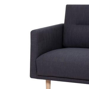 Larvik 3 Seater Sofa - Anthracite, Oak Legs Furniture To Go 6033038047 5060653081332 3 Seater Sofa in Soul Anthracite with oak legs. A modern inspired design, kept sleek and angular with slim legs. Comfort has not been sacrificed for design, with its comfy back cushions and wide armrests. All together the perfect and stylish place to spend your evenings.  Dimensions: 790mm x 2100mm x 860mm (Height x Width x Depth) 
 Frame: Solid pinewood, plywood and pre-covered chipboard 
 Seat foam: 30 kg/120 Newtons, FR 