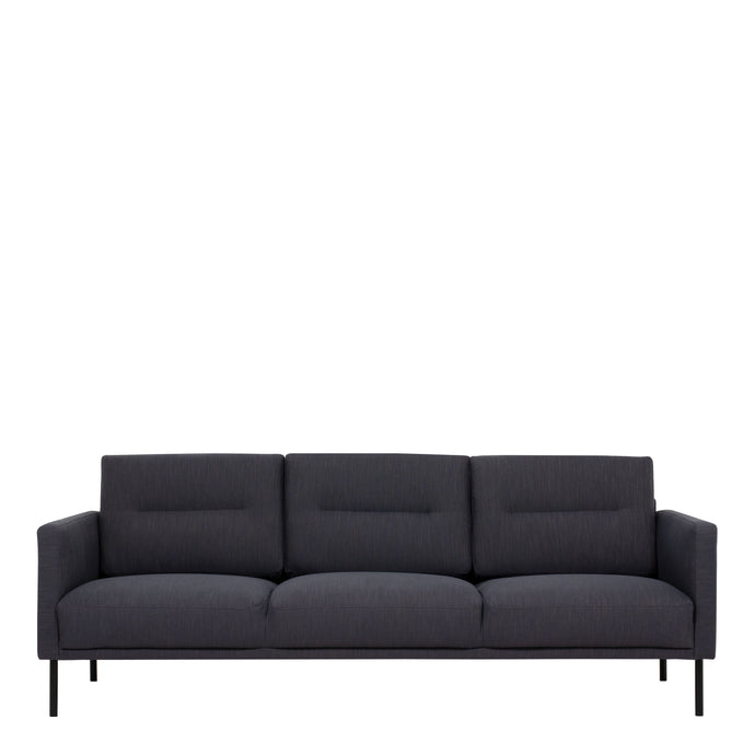 Larvik 3 Seater Sofa - Anthracite, Black Legs Furniture To Go 60330380 5060653081158 3 Seater Sofa in Soul Anthracite with black legs. A modern inspired design, kept sleek and angular with slim legs. Comfort has not been sacrificed for design, with its comfy back cushions and wide armrests. All together the perfect and stylish place to spend your evenings.  Dimensions: 790mm x 2100mm x 860mm (Height x Width x Depth) 
 Frame: Solid pinewood, plywood and pre-covered chipboard 
 Seat foam: 30 kg/120 Newtons, F
