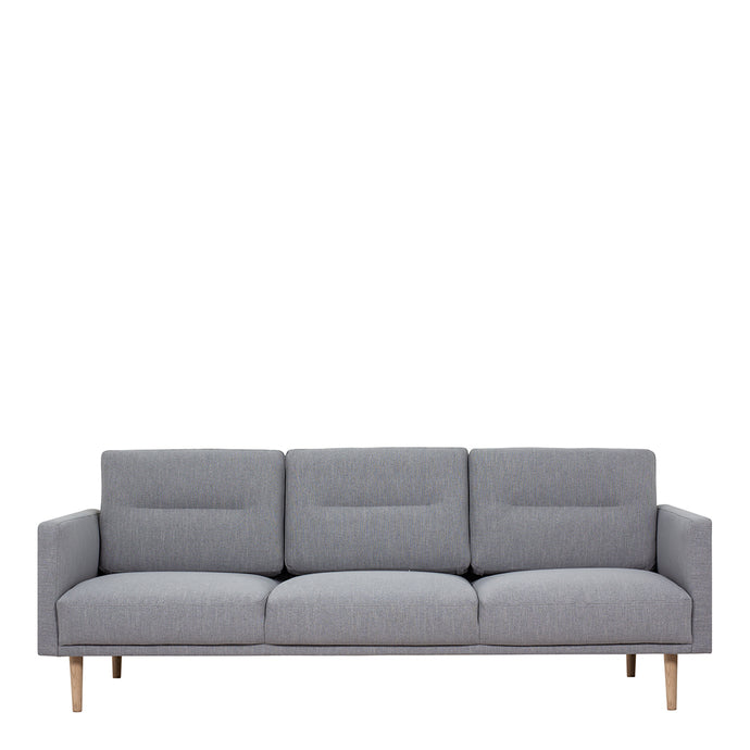Larvik 3 Seater Sofa - Grey, Oak Legs Furniture To Go 6033038147 5060653081349 3 Seater Sofa in Soul Grey with oak legs. A modern inspired design, kept sleek and angular with slim legs. Comfort has not been sacrificed for design, with its comfy back cushions and wide armrests. All together the perfect and stylish place to spend your evenings.  Dimensions: 790mm x 2100mm x 860mm (Height x Width x Depth) 
 Frame: Solid pinewood, plywood and pre-covered chipboard 
 Seat foam: 30 kg/120 Newtons, FR treated 
 Ba