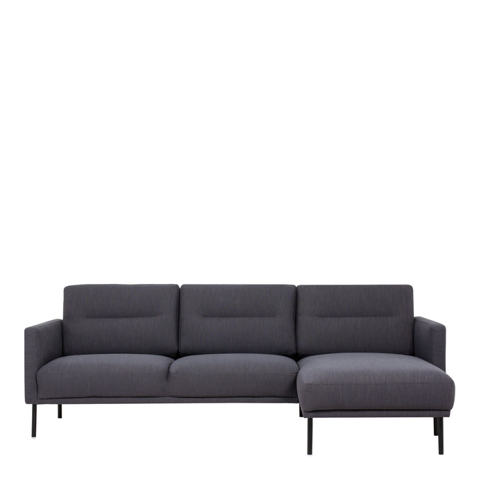 Larvik Chaiselongue Sofa (RH) - Anthracite , Black Legs Furniture To Go 60340380 5060653081189 Chaiselongue Sofa (RH) in Soul Anthracite with black legs. A modern inspired design, kept sleek and angular with slim legs. Comfort has not been sacrificed for design, with its comfy back cushions and wide armrests. All together the perfect and stylish place to spend your evenings.  Dimensions: 790mm x 2250mm x 1400mm (Height x Width x Depth) 
 Frame: Solid pinewood, plywood and pre-covered chipboard 
 Seat foam: 