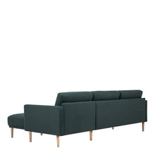 Load image into Gallery viewer, Larvik Chaiselongue Sofa (RH) - Dark Green, Oak Legs Furniture To Go 6034038347 5060653081387 Chaiselongue Sofa (RH) in Soul Dark Green with oak legs. A modern inspired design, kept sleek and angular with slim legs. Comfort has not been sacrificed for design, with its comfy back cushions and wide armrests. All together the perfect and stylish place to spend your evenings.  Dimensions: 790mm x 2250mm x 1400mm (Height x Width x Depth) 
 Frame: Solid pinewood, plywood and pre-covered chipboard 
 Seat foam: 30 