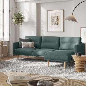 Larvik Chaiselongue Sofa (RH) - Dark Green, Oak Legs Furniture To Go 6034038347 5060653081387 Chaiselongue Sofa (RH) in Soul Dark Green with oak legs. A modern inspired design, kept sleek and angular with slim legs. Comfort has not been sacrificed for design, with its comfy back cushions and wide armrests. All together the perfect and stylish place to spend your evenings.  Dimensions: 790mm x 2250mm x 1400mm (Height x Width x Depth) 
 Frame: Solid pinewood, plywood and pre-covered chipboard 
 Seat foam: 30 