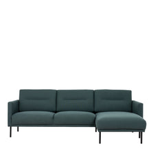 Load image into Gallery viewer, Larvik Chaiselongue Sofa (RH) - Dark Green, Black Legs Furniture To Go 60340383 5060653081202 Chaiselongue Sofa (RH) in Soul Dark Green with black legs. A modern inspired design, kept sleek and angular with slim legs. Comfort has not been sacrificed for design, with its comfy back cushions and wide armrests. All together the perfect and stylish place to spend your evenings.  Dimensions: 790mm x 2250mm x 1400mm (Height x Width x Depth) 
 Frame: Solid pinewood, plywood and pre-covered chipboard 
 Seat foam: 3