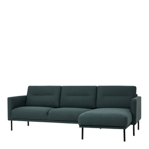 Larvik Chaiselongue Sofa (RH) - Dark Green, Black Legs Furniture To Go 60340383 5060653081202 Chaiselongue Sofa (RH) in Soul Dark Green with black legs. A modern inspired design, kept sleek and angular with slim legs. Comfort has not been sacrificed for design, with its comfy back cushions and wide armrests. All together the perfect and stylish place to spend your evenings.  Dimensions: 790mm x 2250mm x 1400mm (Height x Width x Depth) 
 Frame: Solid pinewood, plywood and pre-covered chipboard 
 Seat foam: 3