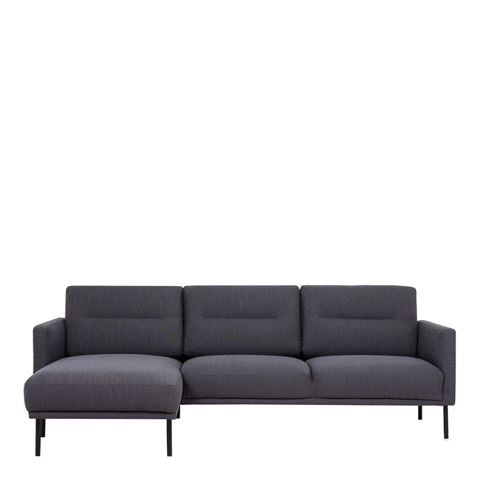 Larvik Chaiselongue Sofa (LH) - Anthracite , Black Legs Furniture To Go 60342380 5060653081219 Chaiselongue Sofa (LH) in Soul Anthracite with black legs. A modern inspired design, kept sleek and angular with slim legs. Comfort has not been sacrificed for design, with its comfy back cushions and wide armrests. All together the perfect and stylish place to spend your evenings.  Dimensions: 790mm x 2250mm x 1400mm (Height x Width x Depth) 
 Frame: Solid pinewood, plywood and pre-covered chipboard 
 Seat foam: 