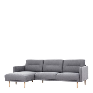 Larvik Chaiselongue Sofa (LH) - Grey, Oak Legs Furniture To Go 6034238147 5060653081400 Chaiselongue Sofa (LH) in Soul Grey with oak legs. A modern inspired design, kept sleek and angular with slim legs. Comfort has not been sacrificed for design, with its comfy back cushions and wide armrests. All together the perfect and stylish place to spend your evenings.  Dimensions: 790mm x 2250mm x 1400mm (Height x Width x Depth) 
 Frame: Solid pinewood, plywood and pre-covered chipboard 
 Seat foam: 30 kg/120 Newto
