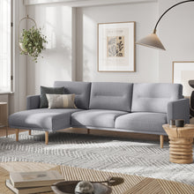 Load image into Gallery viewer, Larvik Chaiselongue Sofa (LH) - Grey, Oak Legs Furniture To Go 6034238147 5060653081400 Chaiselongue Sofa (LH) in Soul Grey with oak legs. A modern inspired design, kept sleek and angular with slim legs. Comfort has not been sacrificed for design, with its comfy back cushions and wide armrests. All together the perfect and stylish place to spend your evenings.  Dimensions: 790mm x 2250mm x 1400mm (Height x Width x Depth) 
 Frame: Solid pinewood, plywood and pre-covered chipboard 
 Seat foam: 30 kg/120 Newto