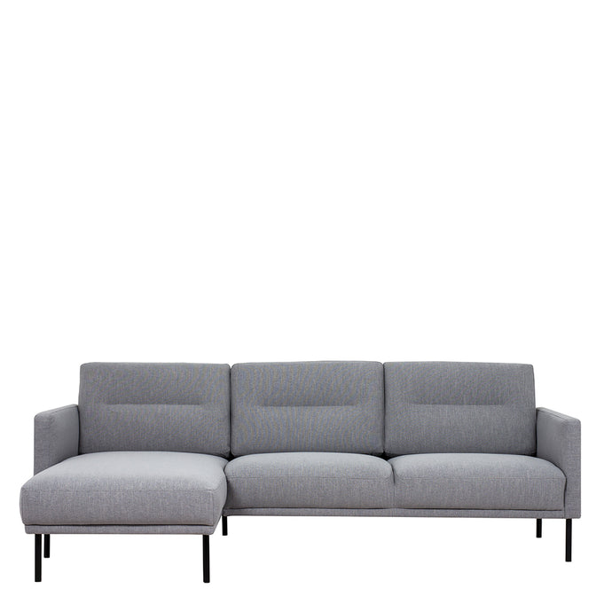 Larvik Chaiselongue Sofa (LH) - Grey , Black Legs Furniture To Go 60342381 5060653081226 Chaiselongue Sofa (LH) in Soul Grey with black legs. A modern inspired design, kept sleek and angular with slim legs. Comfort has not been sacrificed for design, with its comfy back cushions and wide armrests. All together the perfect and stylish place to spend your evenings.  Dimensions: 790mm x 2250mm x 1400mm (Height x Width x Depth) 
 Frame: Solid pinewood, plywood and pre-covered chipboard 
 Seat foam: 30 kg/120 Ne