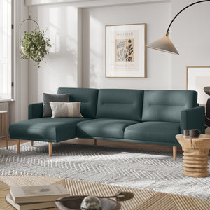 Larvik Chaiselongue Sofa (LH) - Dark Green, Oak Legs Furniture To Go 6034238347 5060653081417 Chaiselongue Sofa (LH) in Soul Dark Green with oak legs. A modern inspired design, kept sleek and angular with slim legs. Comfort has not been sacrificed for design, with its comfy back cushions and wide armrests. All together the perfect and stylish place to spend your evenings.  Dimensions: 790mm x 2250mm x 1400mm (Height x Width x Depth) 
 Frame: Solid pinewood, plywood and pre-covered chipboard 
 Seat foam: 30 