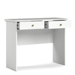 Paris Console table White Furniture To Go 7017535749 5713035002899 Introducing the Paris 2-Drawer Console Table – a romantic and sophisticated addition to your living space. The Paris collection truly lives up to its name, exuding a beautiful classic feel and adding an elegant touch to any room. Enhance your space with this charming console table. The Paris 2-Drawer Console Table combines functionality and style seamlessly. With its two spacious drawers, it offers ample storage options for your essentials w