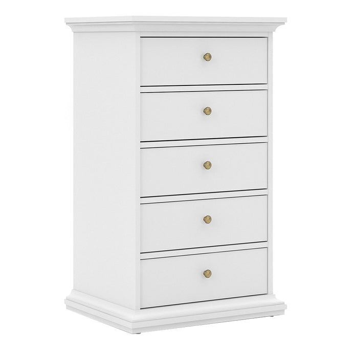 Paris Chest 5 drawers in White Furniture To Go 701767174949 5713035040877 The Paris collection really lives up to its name, with its romantic style, sophisticated look and beautiful classic feel. The perfect way to enhance your space! The Paris range itself is bold and offers plenty of storage options, with charm eluding from every angle. Both functional and stylish, the Paris collection comes in a fade-resistant and easy to clean finish. Dimensions: 1045mm x 626mm x 485mm (Height x Width x Depth) 
 High qu