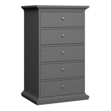 Load image into Gallery viewer, Paris Chest 5 drawers in Matt Grey Furniture To Go 70176717igig 5713035080774 The Paris collection really lives up to its name, with its romantic style, sophisticated look and beautiful classic feel. The perfect way to enhance your space! The Paris range itself is bold and offers plenty of storage options, with charm eluding from every angle. Both functional and stylish, the Paris collection comes in a fade-resistant and easy to clean finish. Dimensions: 1045mm x 626mm x 485mm (Height x Width x Depth) 
 Hig