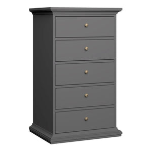 Paris Chest 5 drawers in Matt Grey Furniture To Go 70176717igig 5713035080774 The Paris collection really lives up to its name, with its romantic style, sophisticated look and beautiful classic feel. The perfect way to enhance your space! The Paris range itself is bold and offers plenty of storage options, with charm eluding from every angle. Both functional and stylish, the Paris collection comes in a fade-resistant and easy to clean finish. Dimensions: 1045mm x 626mm x 485mm (Height x Width x Depth) 
 Hig