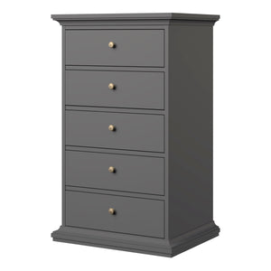 Paris Chest 5 drawers in Matt Grey Furniture To Go 70176717igig 5713035080774 The Paris collection really lives up to its name, with its romantic style, sophisticated look and beautiful classic feel. The perfect way to enhance your space! The Paris range itself is bold and offers plenty of storage options, with charm eluding from every angle. Both functional and stylish, the Paris collection comes in a fade-resistant and easy to clean finish. Dimensions: 1045mm x 626mm x 485mm (Height x Width x Depth) 
 Hig