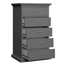 Load image into Gallery viewer, Paris Chest 5 drawers in Matt Grey Furniture To Go 70176717igig 5713035080774 The Paris collection really lives up to its name, with its romantic style, sophisticated look and beautiful classic feel. The perfect way to enhance your space! The Paris range itself is bold and offers plenty of storage options, with charm eluding from every angle. Both functional and stylish, the Paris collection comes in a fade-resistant and easy to clean finish. Dimensions: 1045mm x 626mm x 485mm (Height x Width x Depth) 
 Hig