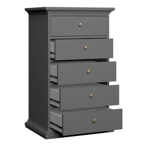 Paris Chest 5 drawers in Matt Grey Furniture To Go 70176717igig 5713035080774 The Paris collection really lives up to its name, with its romantic style, sophisticated look and beautiful classic feel. The perfect way to enhance your space! The Paris range itself is bold and offers plenty of storage options, with charm eluding from every angle. Both functional and stylish, the Paris collection comes in a fade-resistant and easy to clean finish. Dimensions: 1045mm x 626mm x 485mm (Height x Width x Depth) 
 Hig