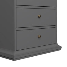 Load image into Gallery viewer, Paris Chest 5 drawers in Matt Grey Furniture To Go 70176717igig 5713035080774 The Paris collection really lives up to its name, with its romantic style, sophisticated look and beautiful classic feel. The perfect way to enhance your space! The Paris range itself is bold and offers plenty of storage options, with charm eluding from every angle. Both functional and stylish, the Paris collection comes in a fade-resistant and easy to clean finish. Dimensions: 1045mm x 626mm x 485mm (Height x Width x Depth) 
 Hig
