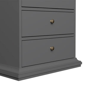 Paris Chest 5 drawers in Matt Grey Furniture To Go 70176717igig 5713035080774 The Paris collection really lives up to its name, with its romantic style, sophisticated look and beautiful classic feel. The perfect way to enhance your space! The Paris range itself is bold and offers plenty of storage options, with charm eluding from every angle. Both functional and stylish, the Paris collection comes in a fade-resistant and easy to clean finish. Dimensions: 1045mm x 626mm x 485mm (Height x Width x Depth) 
 Hig