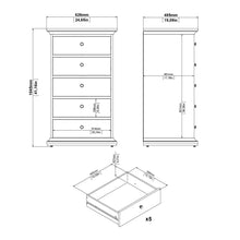 Load image into Gallery viewer, Paris Chest 5 drawers in Matt Grey Furniture To Go 70176717igig 5713035080774 The Paris collection really lives up to its name, with its romantic style, sophisticated look and beautiful classic feel. The perfect way to enhance your space! The Paris range itself is bold and offers plenty of storage options, with charm eluding from every angle. Both functional and stylish, the Paris collection comes in a fade-resistant and easy to clean finish. Dimensions: 1045mm x 626mm x 485mm (Height x Width x Depth) 
 Hig