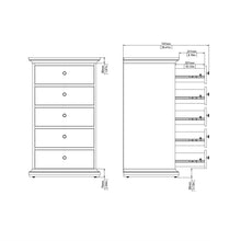 Load image into Gallery viewer, Paris Chest 5 drawers in Matt Grey Furniture To Go 70176717igig 5713035080774 The Paris collection really lives up to its name, with its romantic style, sophisticated look and beautiful classic feel. The perfect way to enhance your space! The Paris range itself is bold and offers plenty of storage options, with charm eluding from every angle. Both functional and stylish, the Paris collection comes in a fade-resistant and easy to clean finish. Dimensions: 1045mm x 626mm x 485mm (Height x Width x Depth) 
 Hig