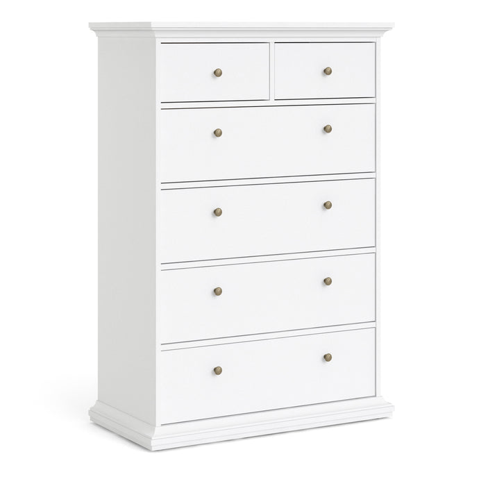 Paris Chest of 6 Drawers in White Furniture To Go 701767184949 5060653081677 The Paris collection really lives up to its name, with its romantic style, sophisticated look and beautiful classic feel. The perfect way to enhance your space! The Paris range itself is bold and offers plenty of storage options, with charm eluding from every angle. Both functional and stylish, the Paris collection comes in a fade-resistant and easy to clean finish. Dimensions: 1394.8mm x 962mm x 485mm (Height x Width x Depth) 
 Hi