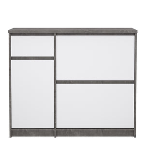 Naia Shoe Cabinet with 2 Shoe Compartments, 1 Door and 1 Drawer in Concrete and White High Gloss Furniture To Go 70292206gxuu 5713035082105 The Naia collection offers a tribute to timeless furniture. The shoe cabinet is funtional and has plenty of storage space. Available in 4 different colours. Dimensions: 929mm x 1089mm x 315mm (Height x Width x Depth) 
 High quality laminated board (resistant to damage and scratches, moisture and high temperature) 
 Easy gliding drawer runners 
 Stylish and contemporary 