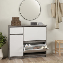 Load image into Gallery viewer, Naia Shoe Cabinet with 2 Shoe Compartments, 1 Door and 1 Drawer in Concrete and White High Gloss Furniture To Go 70292206gxuu 5713035082105 The Naia collection offers a tribute to timeless furniture. The shoe cabinet is funtional and has plenty of storage space. Available in 4 different colours. Dimensions: 929mm x 1089mm x 315mm (Height x Width x Depth) 
 High quality laminated board (resistant to damage and scratches, moisture and high temperature) 
 Easy gliding drawer runners 
 Stylish and contemporary 