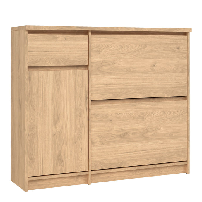 Naia Shoe Cabinet with 2 Shoe Compartments, 1 Door and 1 Drawer in Jackson Hickory Oak Furniture To Go 70292206hlhl 5713035082112 The Naia collection offers a tribute to timeless furniture. The shoe cabinet is funtional and has plenty of storage space. Available in 4 different colours. Dimensions: 929mm x 1089mm x 315mm (Height x Width x Depth) 
 High quality laminated board (resistant to damage and scratches, moisture and high temperature) 
 Easy gliding drawer runners 
 Stylish and contemporary 
 Easy sel