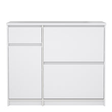 Load image into Gallery viewer, Naia Shoe Cabinet with 2 Shoe Compartments, 1 Door and 1 Drawer in White High Gloss Furniture To Go 70292206uuuu 5713035082129 The Naia collection offers a tribute to timeless furniture. The shoe cabinet is funtional and has plenty of storage space. Available in 4 different colours. Dimensions: 929mm x 1089mm x 315mm (Height x Width x Depth) 
 High quality laminated board (resistant to damage and scratches, moisture and high temperature) 
 Easy gliding drawer runners 
 Stylish and contemporary 
 Easy self a