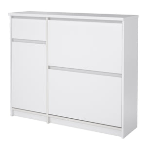Naia Shoe Cabinet with 2 Shoe Compartments, 1 Door and 1 Drawer in White High Gloss Furniture To Go 70292206uuuu 5713035082129 The Naia collection offers a tribute to timeless furniture. The shoe cabinet is funtional and has plenty of storage space. Available in 4 different colours. Dimensions: 929mm x 1089mm x 315mm (Height x Width x Depth) 
 High quality laminated board (resistant to damage and scratches, moisture and high temperature) 
 Easy gliding drawer runners 
 Stylish and contemporary 
 Easy self a