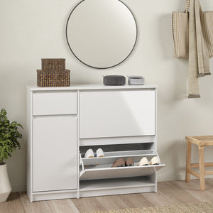 Naia Shoe Cabinet with 2 Shoe Compartments, 1 Door and 1 Drawer in White High Gloss Furniture To Go 70292206uuuu 5713035082129 The Naia collection offers a tribute to timeless furniture. The shoe cabinet is funtional and has plenty of storage space. Available in 4 different colours. Dimensions: 929mm x 1089mm x 315mm (Height x Width x Depth) 
 High quality laminated board (resistant to damage and scratches, moisture and high temperature) 
 Easy gliding drawer runners 
 Stylish and contemporary 
 Easy self a
