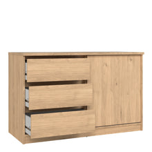 Load image into Gallery viewer, Naia Storage Unit with 1 Sliding Door and 3 Drawers in Jackson Hickory Oak Furniture To Go 70292207hlhl 5713035082334 The Naia collection offers a tribute to timeless furniture. The storage unit has 3 drawers 1 shelve and a sliding door. Also available in White High Gloss. Dimensions: 756mm x 1189mm x 500mm (Height x Width x Depth) 
 High quality laminated board (resistant to damage and scratches, moisture and high temperature) 
 Easy gliding drawer runners 
 Stylish and contemporary 
 Easy self assembly  
