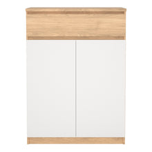 Load image into Gallery viewer, Naia Shoe Cabinet with 2 Doors +1 Drawer in Jackson Hickory Oak &amp; White Furniture To Go 70292209hl49 5713035082259 Experience the perfect blend of style and functionality with the Naia Shoe Cabinet. Designed with a sleek combination of Jackson Hickory Oak and white finishes, this cabinet adds a touch of elegance to your space. Featuring two doors and a convenient black drawer, it offers ample storage for your shoe collection while keeping your entryway neat and organized. With its versatile design and quali
