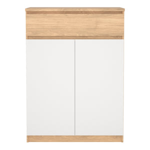Naia Shoe Cabinet with 2 Doors +1 Drawer in Jackson Hickory Oak & White Furniture To Go 70292209hl49 5713035082259 Experience the perfect blend of style and functionality with the Naia Shoe Cabinet. Designed with a sleek combination of Jackson Hickory Oak and white finishes, this cabinet adds a touch of elegance to your space. Featuring two doors and a convenient black drawer, it offers ample storage for your shoe collection while keeping your entryway neat and organized. With its versatile design and quali