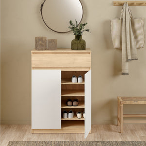 Naia Shoe Cabinet with 2 Doors +1 Drawer in Jackson Hickory Oak & White Furniture To Go 70292209hl49 5713035082259 Experience the perfect blend of style and functionality with the Naia Shoe Cabinet. Designed with a sleek combination of Jackson Hickory Oak and white finishes, this cabinet adds a touch of elegance to your space. Featuring two doors and a convenient black drawer, it offers ample storage for your shoe collection while keeping your entryway neat and organized. With its versatile design and quali