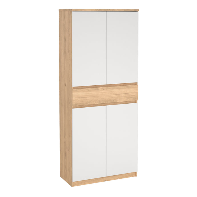 Naia Shoe Cabinet with 4 Doors + 1 Drawer in Jackson Hickory Oak & White Furniture To Go 70292210hl49 5713035082198 Introducing the Naia Shoe Cabinet: Style and Function in Perfect Harmony
Discover the perfect storage solution for your beloved shoe collection with the Naia Shoe Cabinet. With its sleek design and clever functionality, this cabinet is designed to keep your shoes organized and your space clutter-free. Featuring four spacious doors and a convenient drawer, it effortlessly provides ample storage