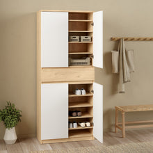 Load image into Gallery viewer, Naia Shoe Cabinet with 4 Doors + 1 Drawer in Jackson Hickory Oak &amp; White Furniture To Go 70292210hl49 5713035082198 Introducing the Naia Shoe Cabinet: Style and Function in Perfect Harmony
Discover the perfect storage solution for your beloved shoe collection with the Naia Shoe Cabinet. With its sleek design and clever functionality, this cabinet is designed to keep your shoes organized and your space clutter-free. Featuring four spacious doors and a convenient drawer, it effortlessly provides ample storage