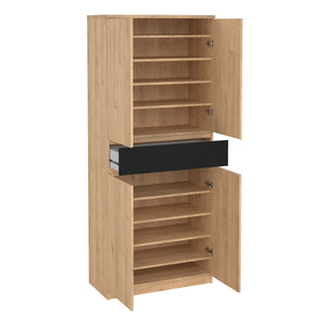 Naia Shoe Cabinet with 4 Doors + 1 Drawer in Jackson Hickory Oak & Black Furniture To Go 70292210hlgm 5713035082204 Introducing the Naia Shoe Cabinet: Style and Function in Perfect Harmony
Discover the perfect storage solution for your beloved shoe collection with the Naia Shoe Cabinet. With its sleek design and clever functionality, this cabinet is designed to keep your shoes organized and your space clutter-free. Featuring four spacious doors and a convenient drawer, it effortlessly provides ample storage