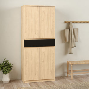 Naia Shoe Cabinet with 4 Doors + 1 Drawer in Jackson Hickory Oak & Black Furniture To Go 70292210hlgm 5713035082204 Introducing the Naia Shoe Cabinet: Style and Function in Perfect Harmony
Discover the perfect storage solution for your beloved shoe collection with the Naia Shoe Cabinet. With its sleek design and clever functionality, this cabinet is designed to keep your shoes organized and your space clutter-free. Featuring four spacious doors and a convenient drawer, it effortlessly provides ample storage