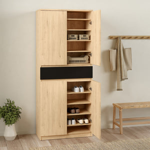 Naia Shoe Cabinet with 4 Doors + 1 Drawer in Jackson Hickory Oak & Black Furniture To Go 70292210hlgm 5713035082204 Introducing the Naia Shoe Cabinet: Style and Function in Perfect Harmony
Discover the perfect storage solution for your beloved shoe collection with the Naia Shoe Cabinet. With its sleek design and clever functionality, this cabinet is designed to keep your shoes organized and your space clutter-free. Featuring four spacious doors and a convenient drawer, it effortlessly provides ample storage