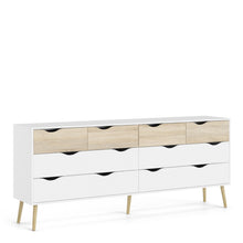 Load image into Gallery viewer, Oslo Double Dresser with 8 Drawers in White and Oak Furniture To Go 7047545549ak 5713035011624 Alluding a retro modern charm, the Oslo collection has an authentic scandinavian appeal with real style. Dimensions: 817mm x 1957mm x 391mm (Height x Width x Depth) 
 Stylish and trendy 
 High quality laminated board (resistant to damage and scratches, moisture and high temperature) 
 Easy gliding drawer runners 
 Easy self assembly  
 Made from PEFC Certified sustainable wood 
 Assembly instructions:
 
 https://w