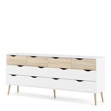 Load image into Gallery viewer, Oslo Double Dresser with 8 Drawers in White and Oak Furniture To Go 7047545549ak 5713035011624 Alluding a retro modern charm, the Oslo collection has an authentic scandinavian appeal with real style. Dimensions: 817mm x 1957mm x 391mm (Height x Width x Depth) 
 Stylish and trendy 
 High quality laminated board (resistant to damage and scratches, moisture and high temperature) 
 Easy gliding drawer runners 
 Easy self assembly  
 Made from PEFC Certified sustainable wood 
 Assembly instructions:
 
 https://w